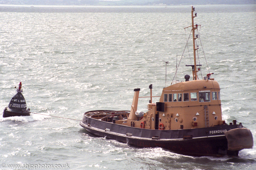 Photograph of the vessel RMAS Foxhound pictured entering Portsmouth Harbour on 18th March 1989
