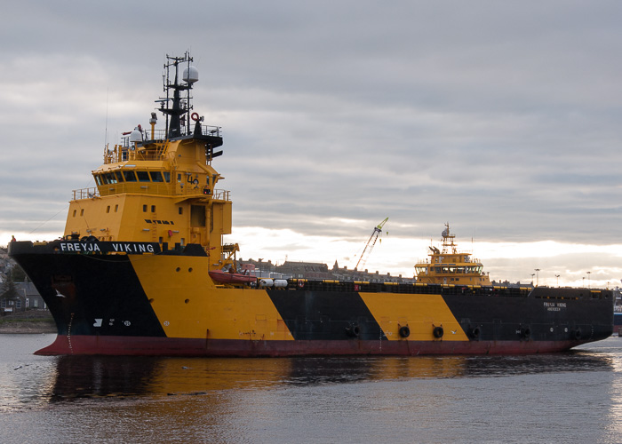 Photograph of the vessel  Freyja Viking pictured departing Aberdeen on 12th October 2014