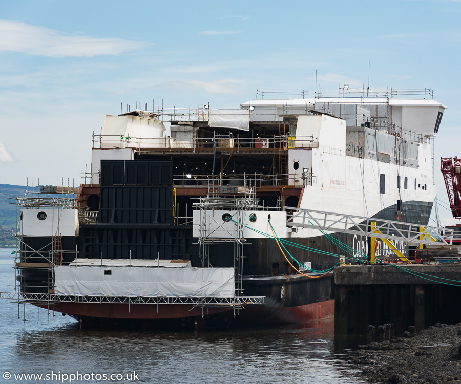 Photograph of the vessel  Glen Sannox pictured fitting out at Port Glasgow on 7th May 2018