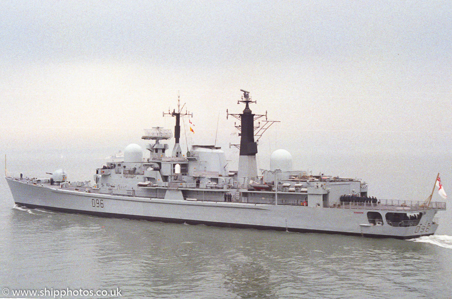 Photograph of the vessel HMS Gloucester pictured departing Portsmouth Harbour on 27th March 1989