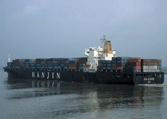 Photograph of the vessel  Hanjin San Francisco pictured on the River Elbe on 27th May 1998