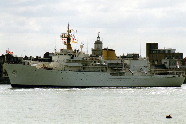Photograph of the vessel HMS Hecla pictured arriving in Portsmouth on 27th May 1994