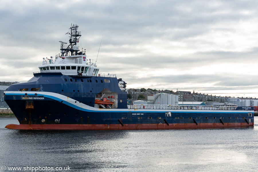 Photograph of the vessel  Highland Defender pictured departing Aberdeen on 13th October 2021