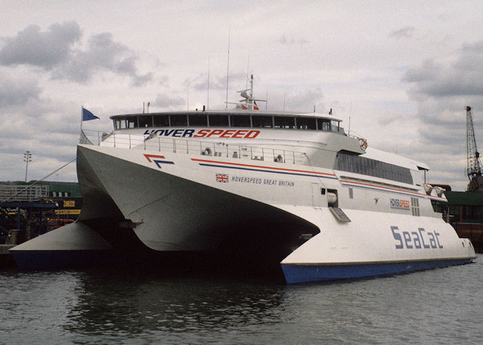 Photograph of the vessel  Hoverspeed Great Britain pictured at Portsmouth Ferry Port on 24th June 1990