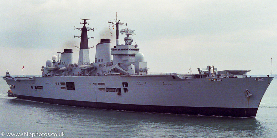 Photograph of the vessel HMS Illustrious pictured entering Portsmouth Harbour on 25th June 1988