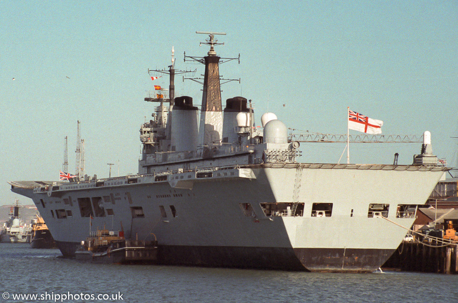 Photograph of the vessel HMS Illustrious pictured in Portsmouth Naval Base on 14th January 1989
