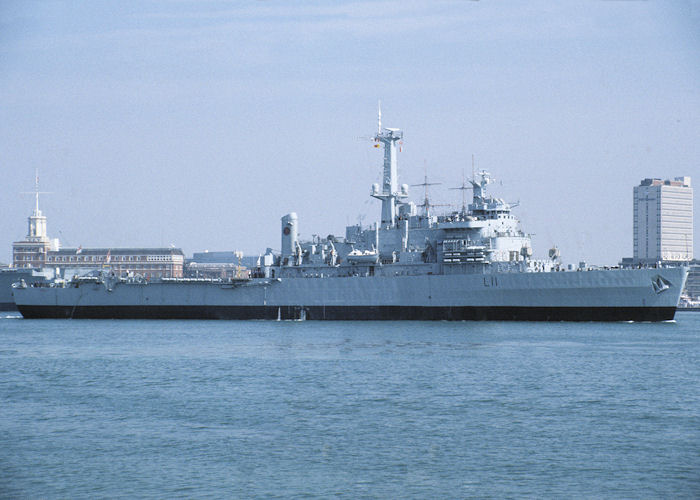 Photograph of the vessel HMS Intrepid pictured departing Portsmouth Harbour on 29th August 1990