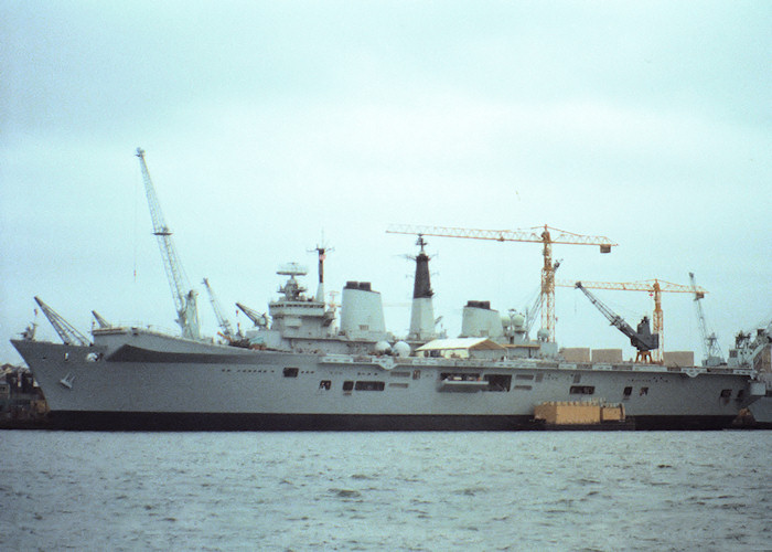 Photograph of the vessel HMS Invincible pictured in Devonport Naval Base on 10th August 1988