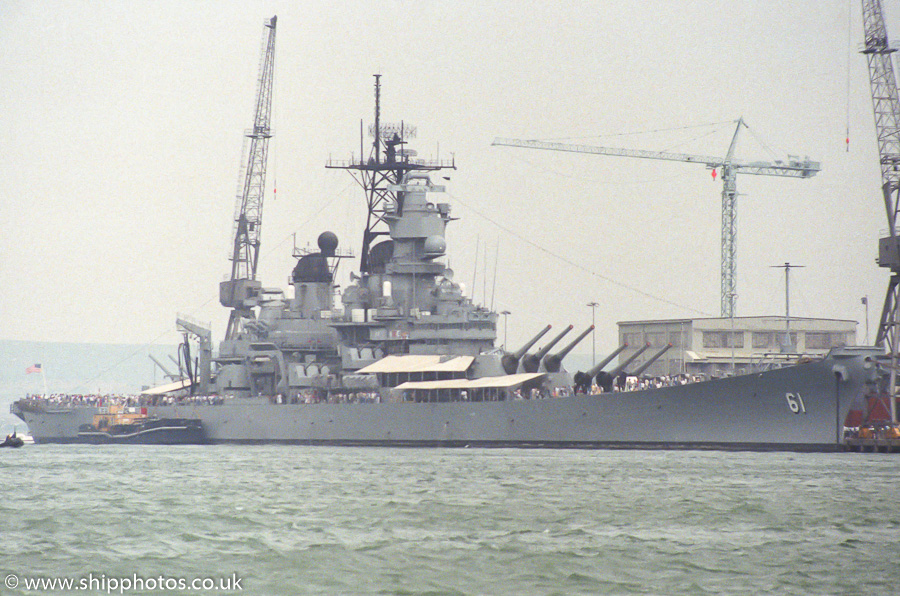 Photograph of the vessel USS Iowa pictured in Portsmouth Naval Base on 5th July 1989
