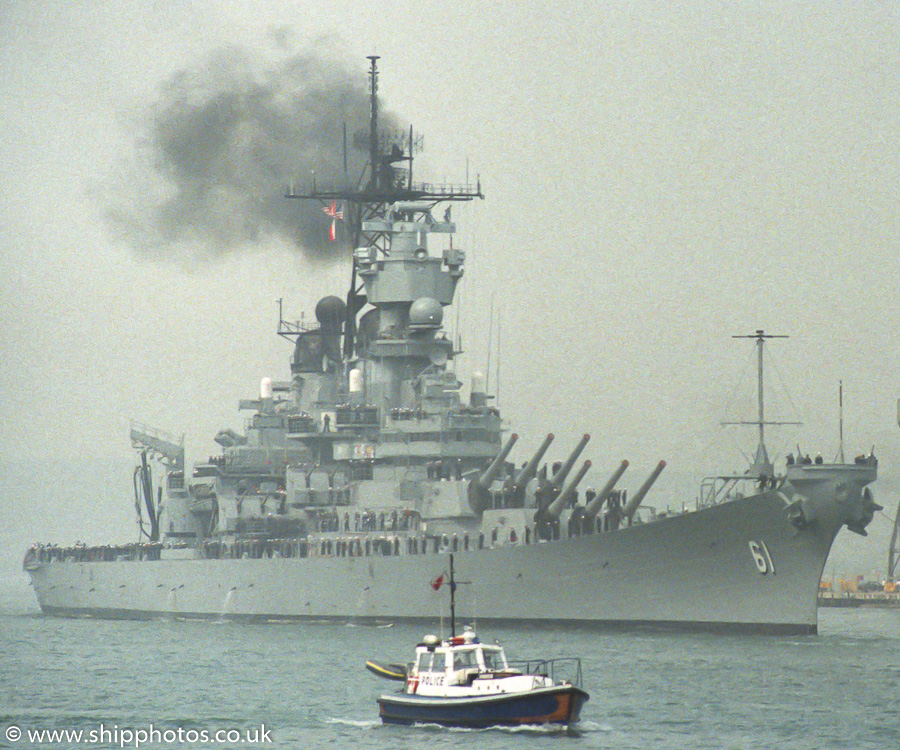 Photograph of the vessel USS Iowa pictured departing Portsmouth Harbour on 8th July 1989