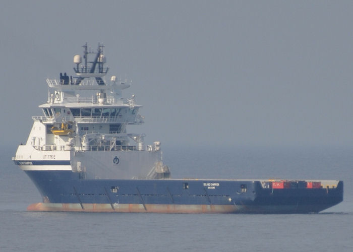 Photograph of the vessel  Island Champion pictured at anchor in Aberdeen Bay on 7th May 2013