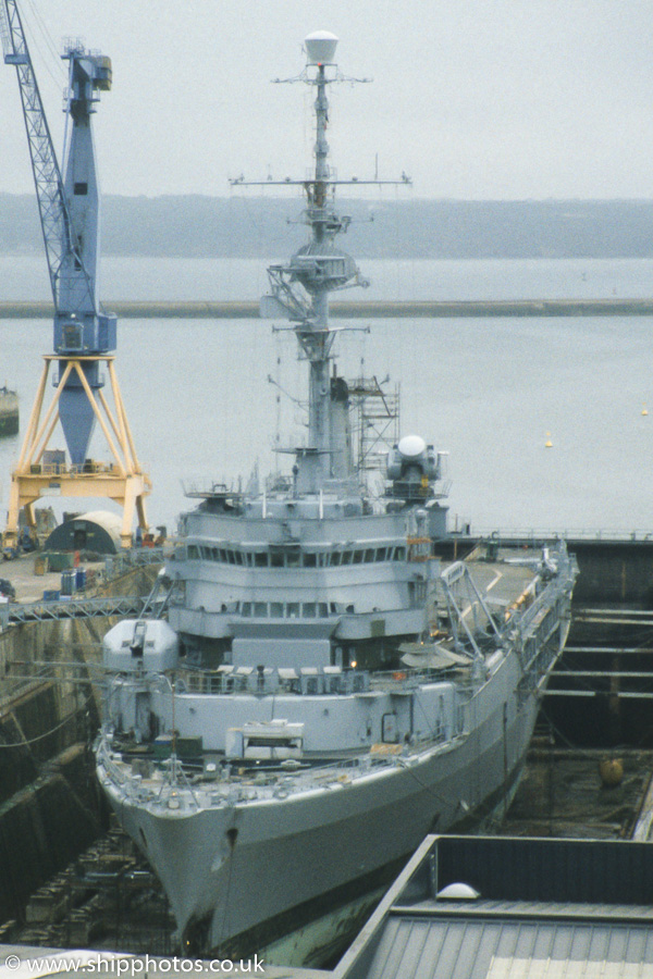 Photograph of the vessel FS Jeanne d'Arc pictured in dry dock at Brest on 25th August 1989