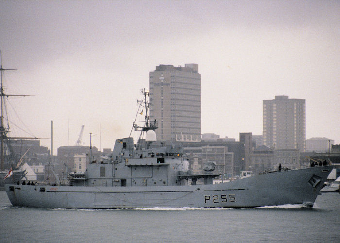 Photograph of the vessel HMS Jersey pictured departing Portsmouth Harbour on 13th April 1990