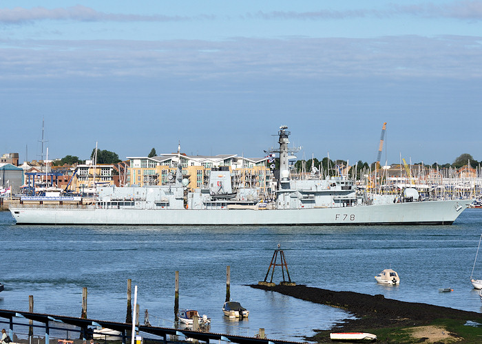 Photograph of the vessel HMS Kent pictured arriving at Portsmouth Naval Base on 20th July 2012
