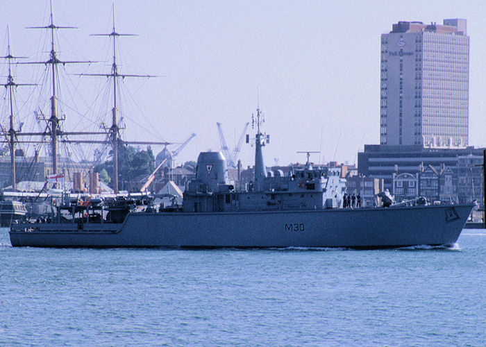Photograph of the vessel HMS Ledbury pictured departing Portsmouth Harbour on 29th July 1991