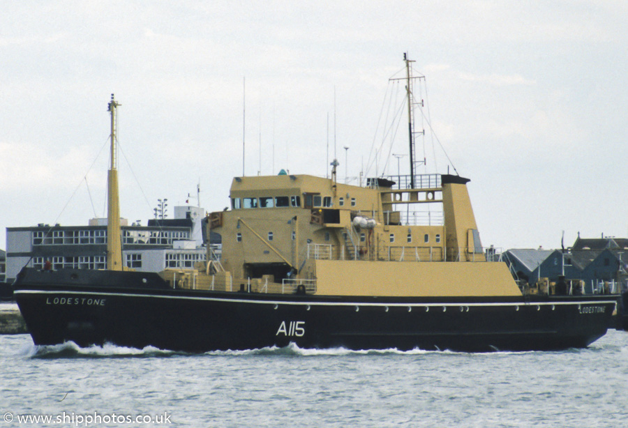 Photograph of the vessel RMAS Lodestone pictured arriving in Portsmouth Harbour on 30th July 1989