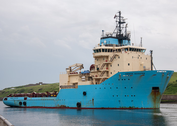 Photograph of the vessel  Mærsk Assister pictured arriving at Aberdeen on 10th June 2014