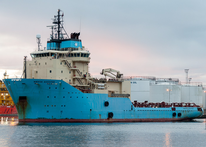 Photograph of the vessel  Mærsk Assister pictured departing Aberdeen on 12th October 2014