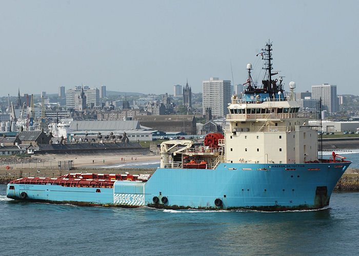 Photograph of the vessel  Maersk Detector pictured departing Aberdeen on 29th April 2011