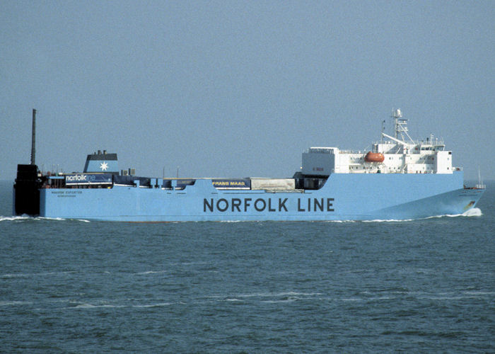 Photograph of the vessel  Maersk Exporter pictured approaching Felixstowe on 4th June 1997