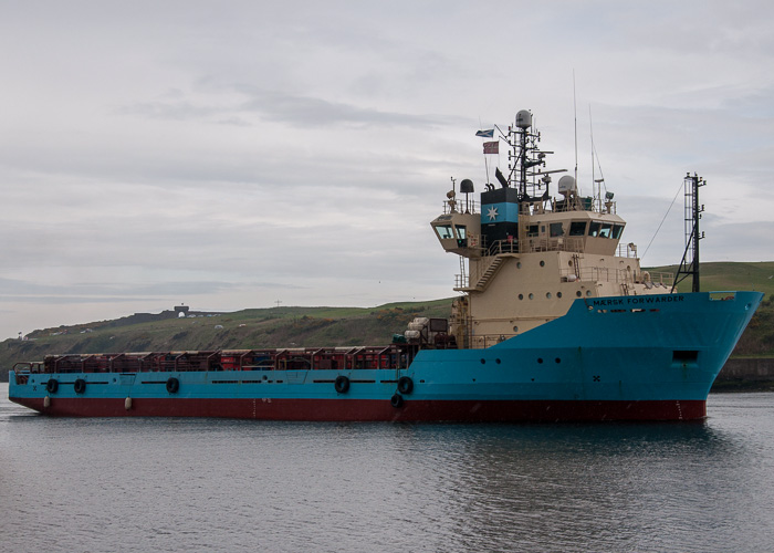 Photograph of the vessel  Mærsk Forwarder pictured arriving at Aberdeen on 4th May 2014
