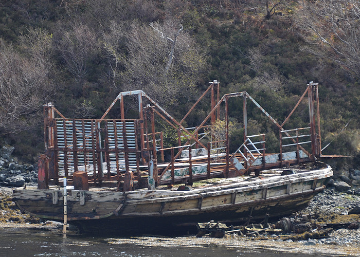 Photograph of the vessel  Maid of Kylesku pictured lying derelict at Kylesku on 13th April 2012