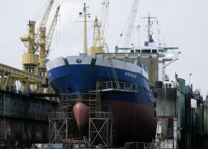 Photograph of the vessel  Merkur pictured in dry dock at Hamburg on 27th May 1998