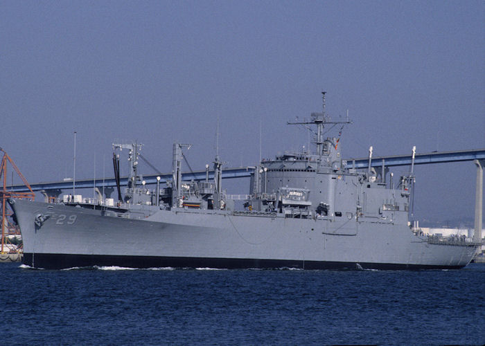 Photograph of the vessel USS Mount Hood pictured departing San Diego on 16th September 1994