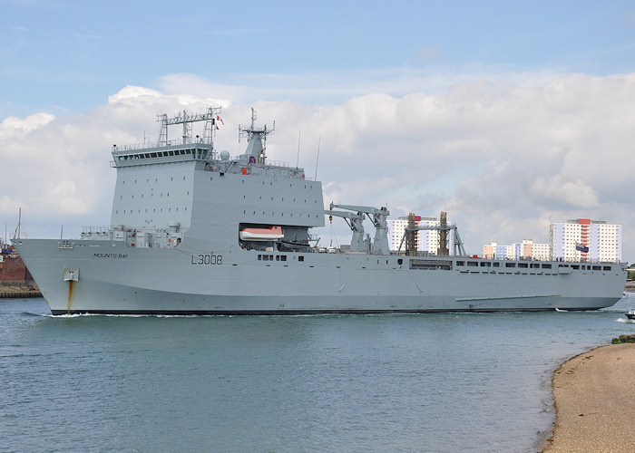 Photograph of the vessel RFA Mounts Bay pictured departing Portsmouth Harbour on 5th August 2011