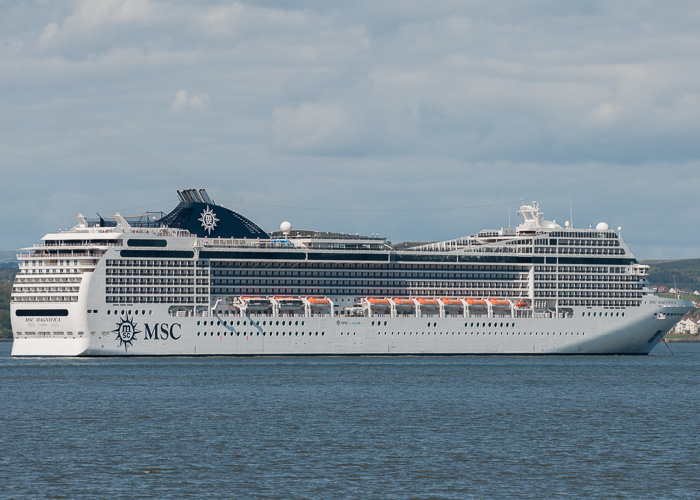 Photograph of the vessel  MSC Magnifica pictured at anchor at Hound Point on 2nd May 2014