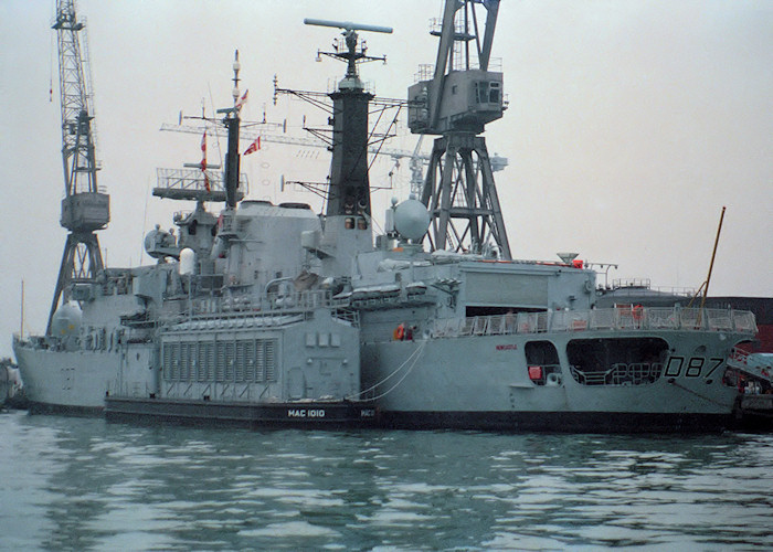 Photograph of the vessel HMS Newcastle pictured in Portsmouth Naval Base on 7th November 1987