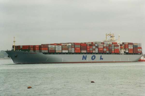 Photograph of the vessel  NOL Amazonite pictured arriving in Southampton on 7th May 1998