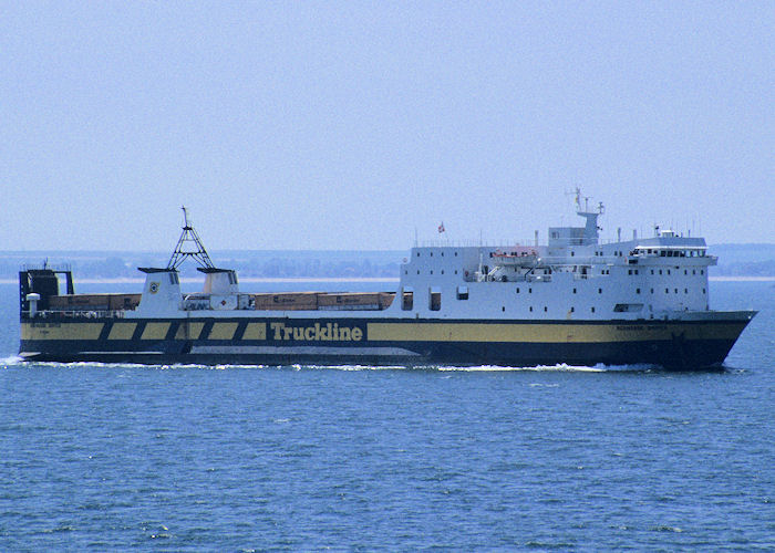 Photograph of the vessel  Normandie Shipper pictured departing Ouistreham on 29th June 1990