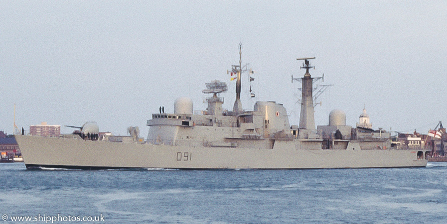 Photograph of the vessel HMS Nottingham pictured entering Portsmouth Harbour on 25th July 1985