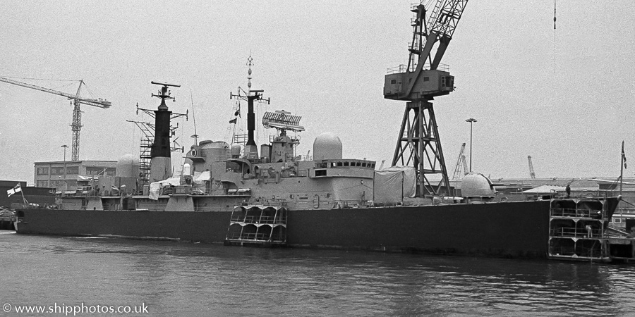 Photograph of the vessel HMS Nottingham pictured in Portsmouth Naval Base on 16th April 1989