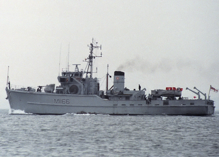 Photograph of the vessel HMS Nurton pictured departing Portsmouth Harbour on 7th May 1988
