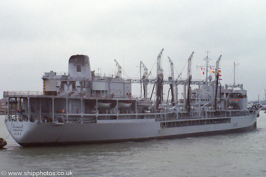 Photograph of the vessel RFA Olmeda pictured arriving in Portsmouth Harbour on 17th September 1989