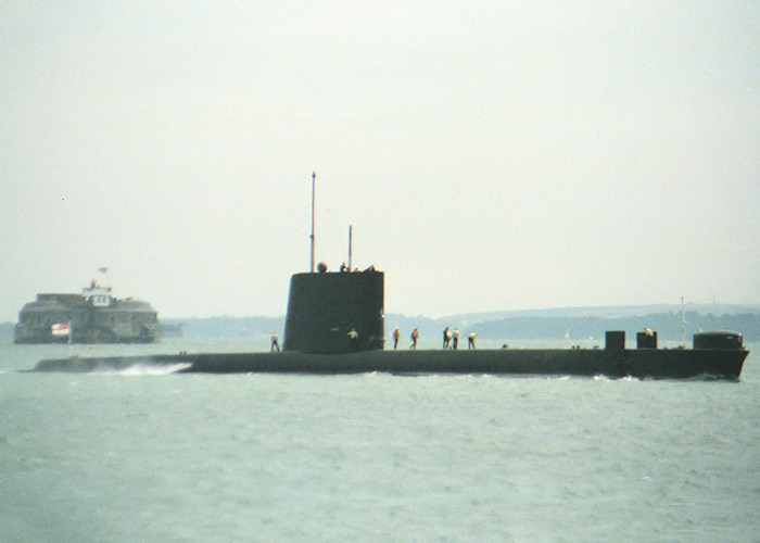 Photograph of the vessel HMS Opportune pictured approaching Portsmouth Harbour on 17th July 1988