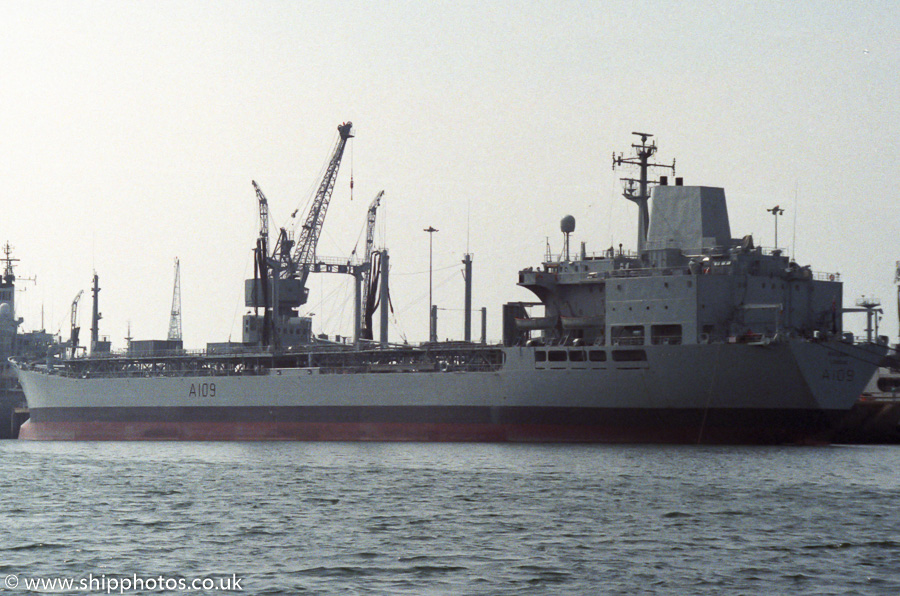 Photograph of the vessel RFA Orangeleaf pictured at Portland on 16th April 1989