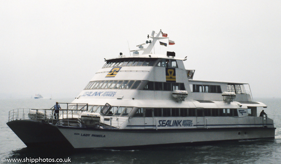 Photograph of the vessel  Our Lady Pamela pictured approaching Southsea Pier on 11th June 1989