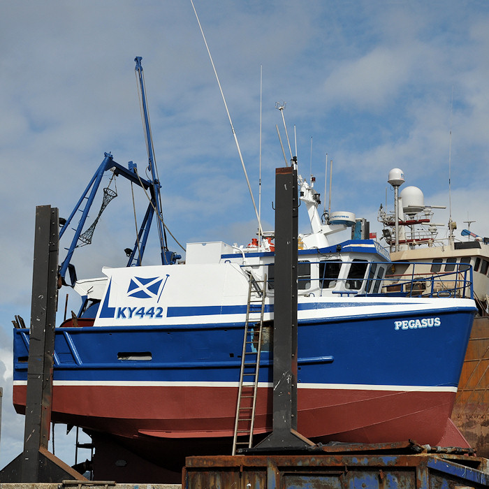 Photograph of the vessel fv Pegasus pictured undergoing refit at Macduff on 15th April 2012