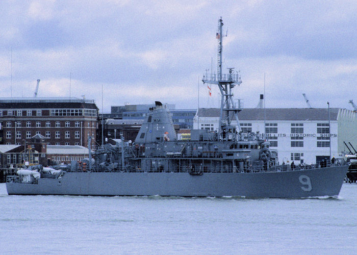 Photograph of the vessel USS Pioneer pictured departing Portsmouth Harbour on 18th April 1995