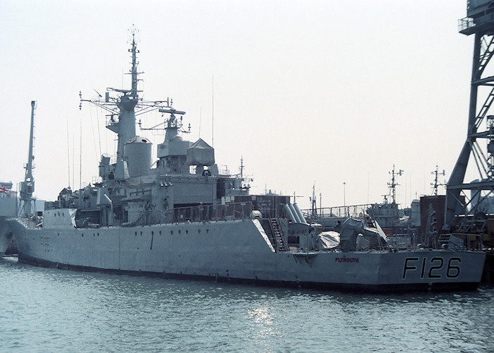 Photograph of the vessel HMS Plymouth pictured in Portsmouth Naval Base on 14th May 1988