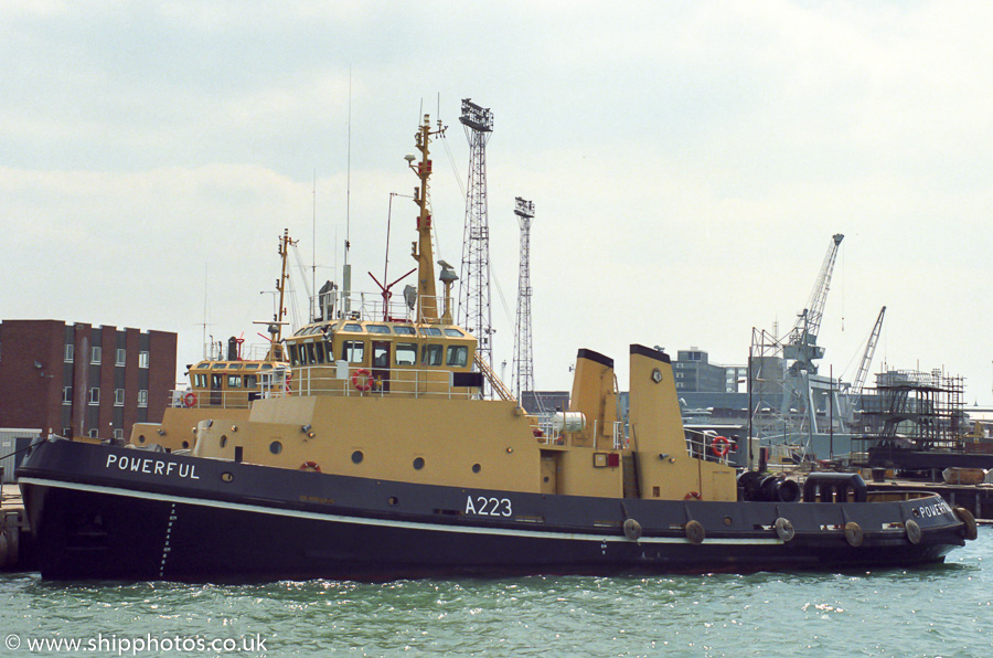 Photograph of the vessel RMAS Powerful pictured in Portsmouth Naval Base on 2nd July 1989
