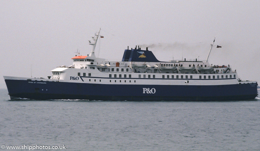 Photograph of the vessel  Pride of Cherbourg pictured departing Portsmouth Harbour on 5th July 1989