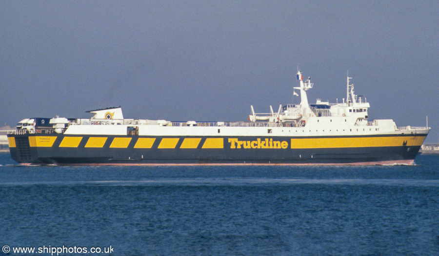 Photograph of the vessel  Purbeck pictured departing Cherbourg on 17th March 1990