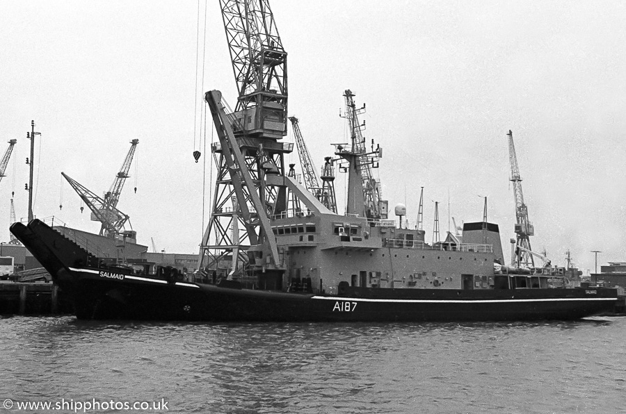 Photograph of the vessel RMAS Salmaid pictured in Portsmouth Naval Base on 16th April 1989