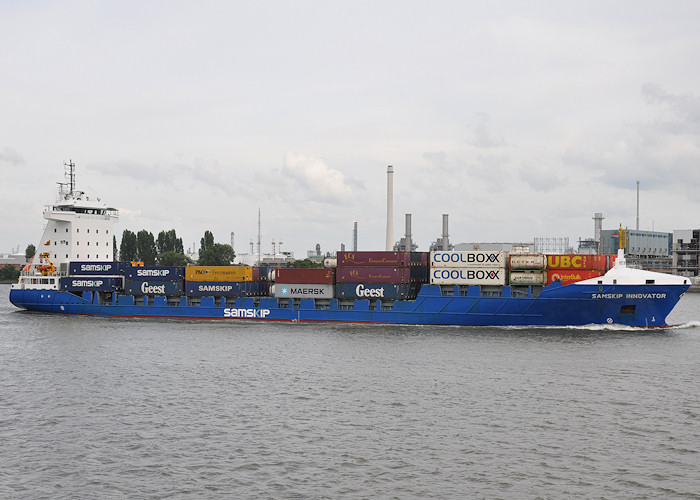 Photograph of the vessel  Samskip Innovator pictured passing Vlaardingen on 23rd June 2012