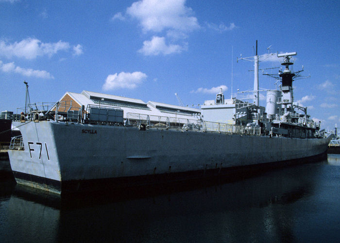 Photograph of the vessel HMS Scylla pictured laid up in Portsmouth Naval Base on 29th May 1994