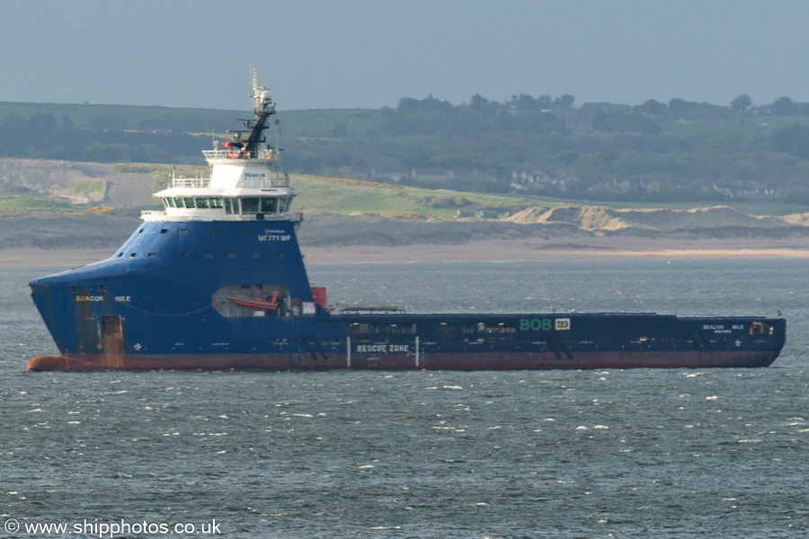 Photograph of the vessel  Seacor Nile pictured at anchor in Aberdeen Bay on 13th May 2022